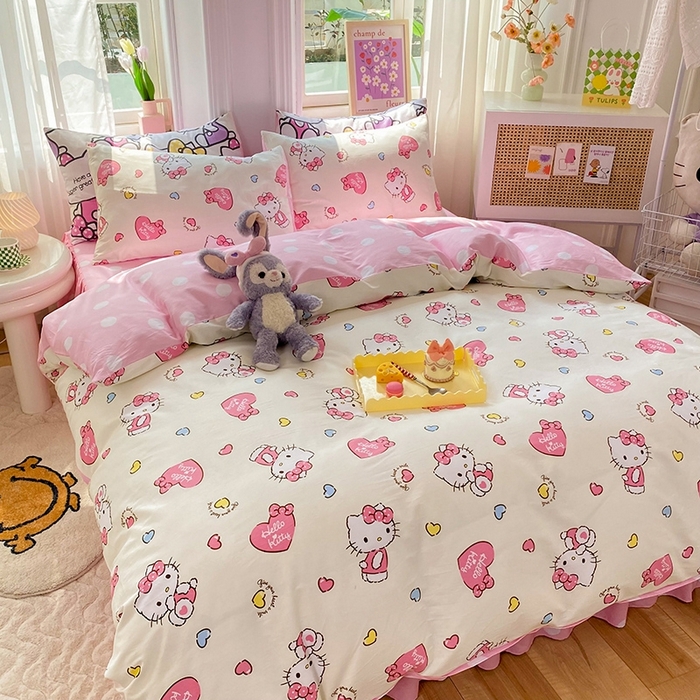 91家纺网 家纺一手货源 找家纺 玉元坊 2025年新款三丽鸥系列全棉纯棉简约基础款四件套三件套--凯蒂猫简约款式 公主kt 简约款