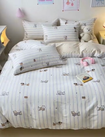 91家纺网 家纺一手货源 找家纺 曼之夏 2024新款全棉印花四件套 灰调小狗