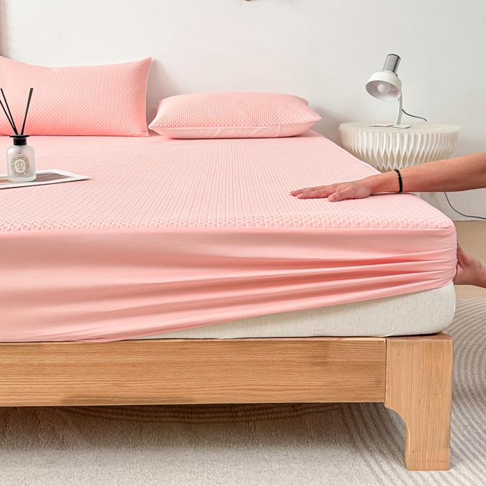 91家纺网 家纺一手货源 找家纺 小萌虎 2024新款华夫防水夹棉床笠 华夫-玉粉