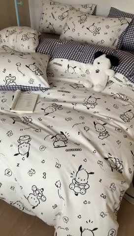 91家纺网 家纺一手货源 找家纺 玉元坊 2025年新款三丽鸥系列全棉纯棉简约基础款四件套三件套--帕恰狗简约款式 简约款-线条帕恰狗