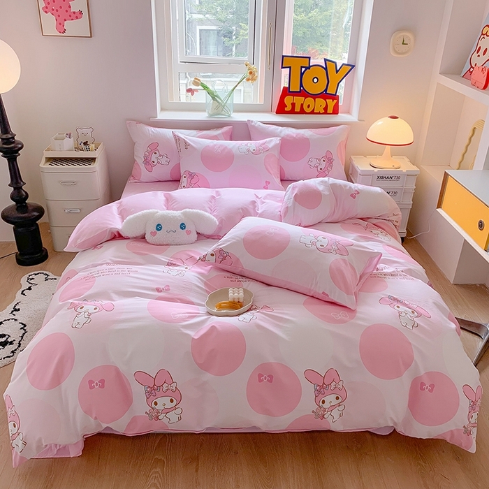 91家纺网 家纺一手货源 找家纺 玉元坊 2025年新款三丽鸥系列全棉纯棉简约基础款四件套三件套--美乐蒂简约款式 圈圈美乐蒂【简约款】