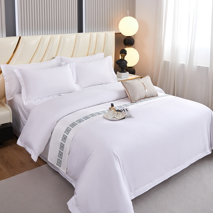 91家纺网 家纺一手货源 找家纺 中乾酒店布草工厂店 2024新款全棉贡缎纯白星级酒店标准亲肤四件套系列 60x40s