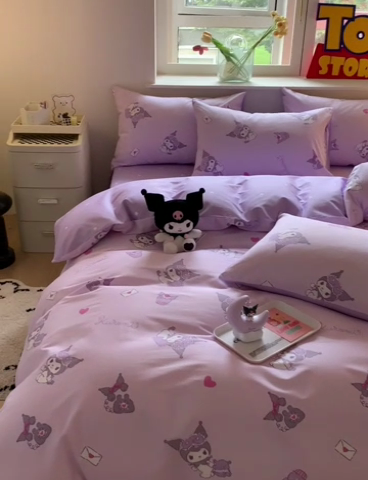 91家纺网 家纺一手货源 找家纺 玉元坊 2025年新款三丽鸥系列全棉纯棉简约基础款四件套三件套--库洛米简约款式 库洛米宝贝【简约款】