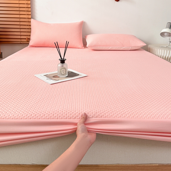 91家纺网 家纺一手货源 找家纺 小萌虎 2024新款华夫防水夹棉床笠 华夫-玉粉