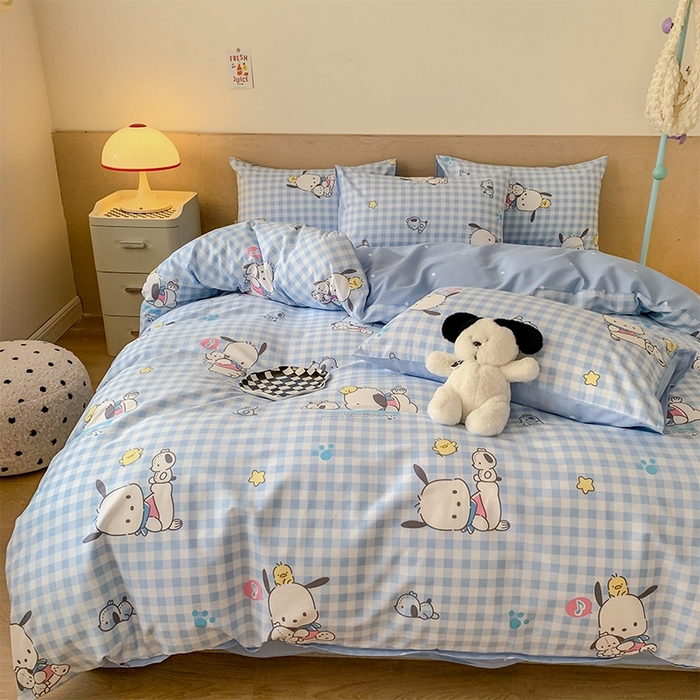 91家纺网 家纺一手货源 找家纺 玉元坊 2025年新款三丽鸥系列全棉纯棉简约基础款四件套三件套--帕恰狗简约款式 格子帕恰狗【简约款式】