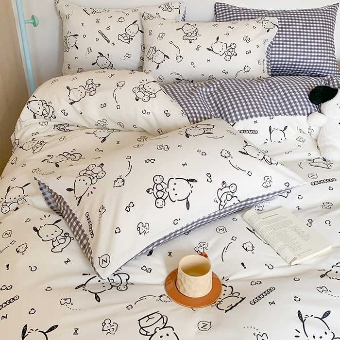 91家纺网 家纺一手货源 找家纺 玉元坊 2025年新款三丽鸥系列全棉纯棉简约基础款四件套三件套--帕恰狗简约款式 简约款-线条帕恰狗