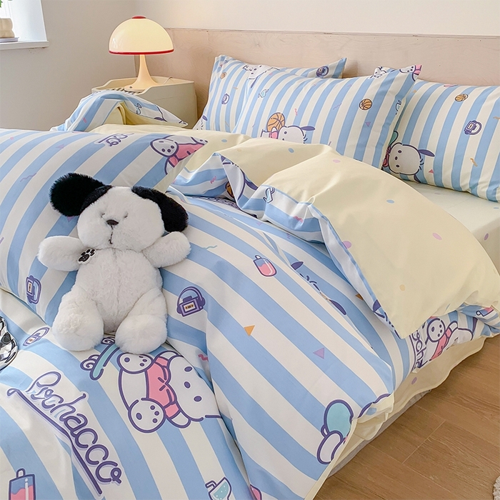 91家纺网 家纺一手货源 找家纺 玉元坊 2025年新款三丽鸥系列全棉纯棉简约基础款四件套三件套--帕恰狗简约款式 条纹帕恰狗【简约款式】