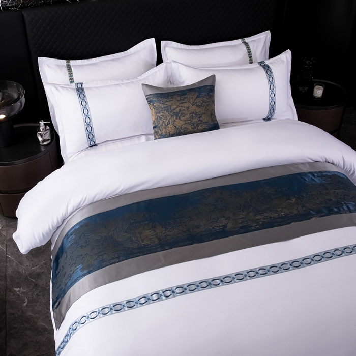 91家纺网 家纺一手货源 找家纺 中乾酒店布草工厂店 2024新款145g加厚加密款织带款酒店磨毛四件套 浮光跃金