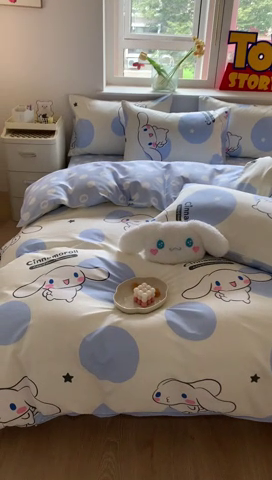 91家纺网 家纺一手货源 找家纺 玉元坊 2025年新款三丽鸥系列全棉纯棉简约基础款四件套三件套--大耳狗简约款式 波点玉桂狗【简约款】