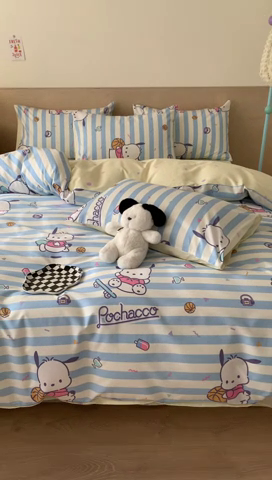 91家纺网 家纺一手货源 找家纺 玉元坊 2025年新款三丽鸥系列全棉纯棉简约基础款四件套三件套--帕恰狗简约款式 条纹帕恰狗【简约款式】