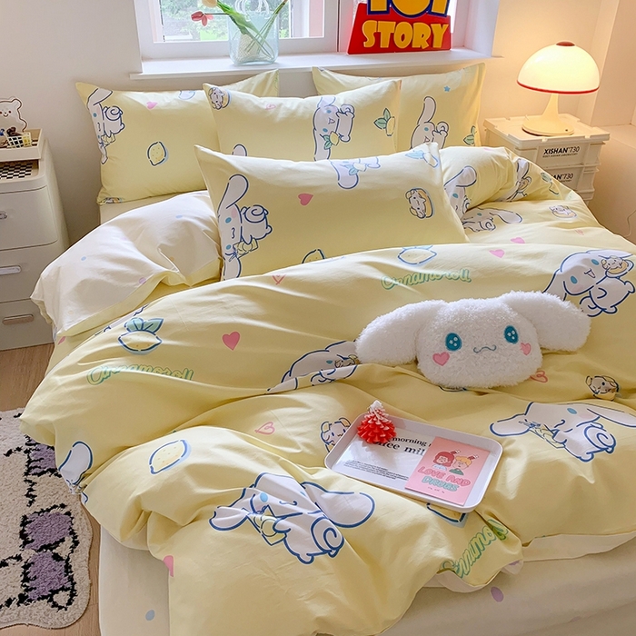 91家纺网 家纺一手货源 找家纺 玉元坊 2025年新款三丽鸥系列全棉纯棉简约基础款四件套三件套--大耳狗简约款式 柠檬大耳狗【简约款】