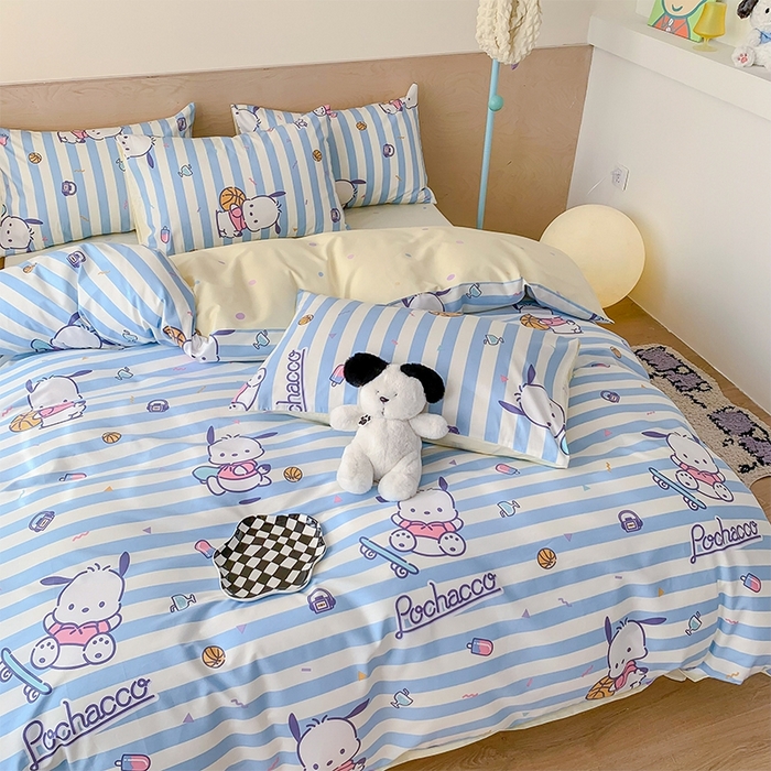 91家纺网 家纺一手货源 找家纺 玉元坊 2025年新款三丽鸥系列全棉纯棉简约基础款四件套三件套--帕恰狗简约款式 条纹帕恰狗【简约款式】