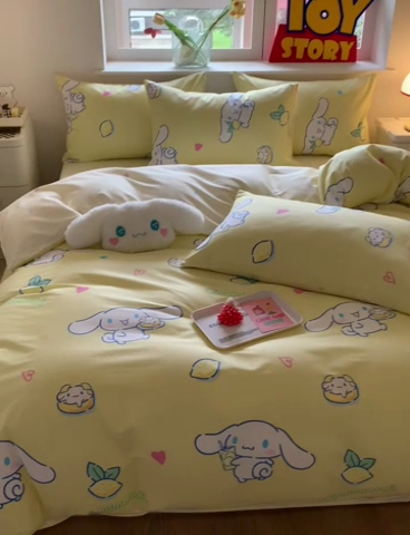 91家纺网 家纺一手货源 找家纺 玉元坊 2025年新款三丽鸥系列全棉纯棉简约基础款四件套三件套--大耳狗简约款式 柠檬大耳狗【简约款】