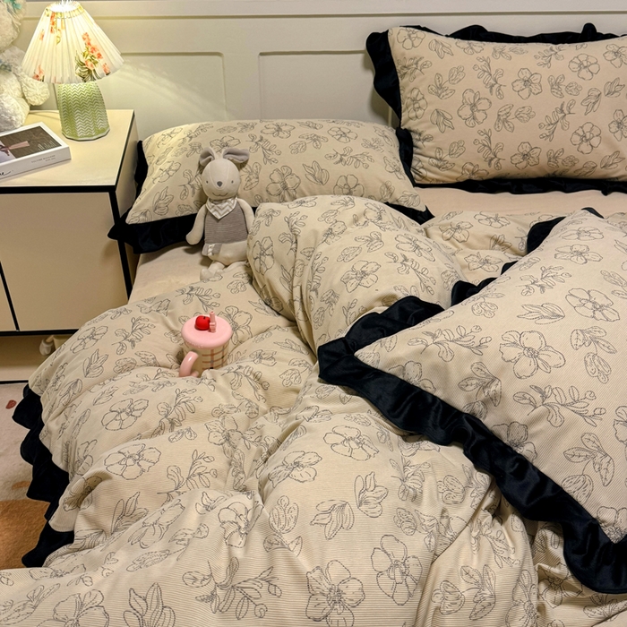 91家纺网 家纺一手货源 找家纺 宅家居 2025新款轻法式小香风灯芯绒四件套提花立体韩版花边牛奶绒三件套-实拍风 百合