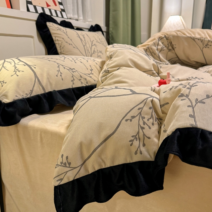 91家纺网 家纺一手货源 找家纺 宅家居 2025新款轻法式小香风灯芯绒四件套提花立体韩版花边牛奶绒三件套-实拍风 花枝