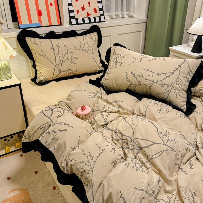 91家纺网 家纺一手货源 找家纺 宅家居 2025新款轻法式小香风灯芯绒四件套提花立体韩版花边牛奶绒三件套-实拍风 花枝