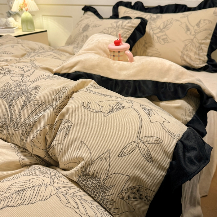 91家纺网 家纺一手货源 找家纺 宅家居 2025新款轻法式小香风灯芯绒四件套提花立体韩版花边牛奶绒三件套-实拍风 语叶