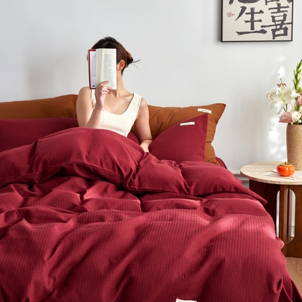 简家居 2024新款华夫格新颜色混搭系列四件套 安哥拉红色（枕套安哥拉红+栗子）