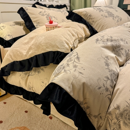 宅家居 2025新款轻法式小香风灯芯绒四件套提花立体韩版花边牛奶绒三件套-实拍风 牡丹