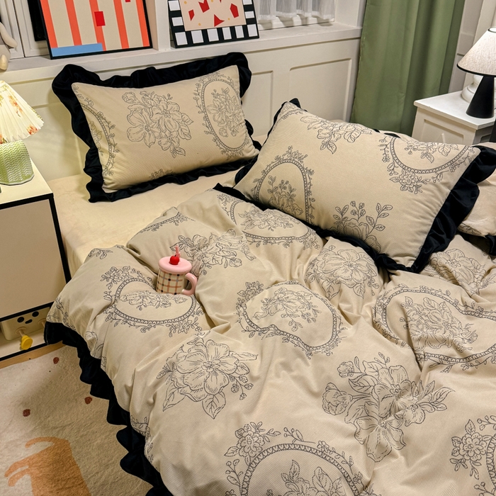 91家纺网 家纺一手货源 找家纺 宅家居 2025新款轻法式小香风灯芯绒四件套提花立体韩版花边牛奶绒三件套-实拍风 镜花