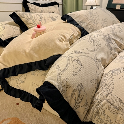 宅家居 2025新款轻法式小香风灯芯绒四件套提花立体韩版花边牛奶绒三件套-实拍风 语叶