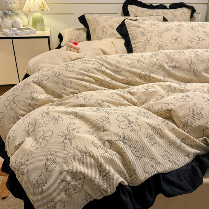 91家纺网 家纺一手货源 找家纺 宅家居 2025新款轻法式小香风灯芯绒四件套提花立体韩版花边牛奶绒三件套-实拍风 百合