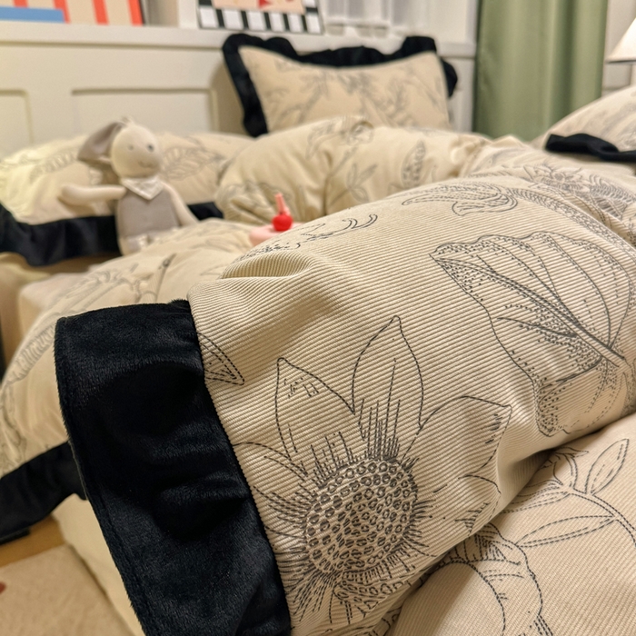 91家纺网 家纺一手货源 找家纺 宅家居 2025新款轻法式小香风灯芯绒四件套提花立体韩版花边牛奶绒三件套-实拍风 语叶