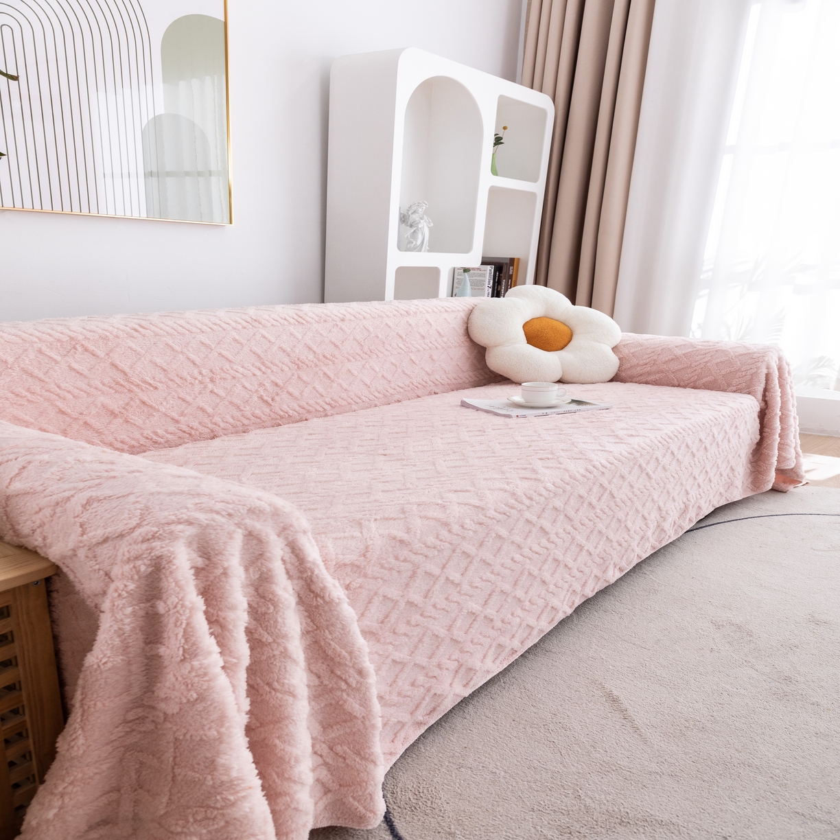 91家纺网 家纺一手货源 找家纺 2026新款舒棉绒沙发巾 粉色