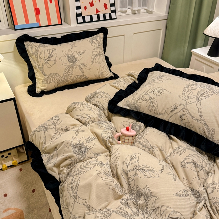 91家纺网 家纺一手货源 找家纺 宅家居 2025新款轻法式小香风灯芯绒四件套提花立体韩版花边牛奶绒三件套-实拍风 语叶