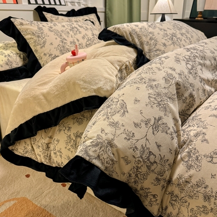 宅家居 2025新款轻法式小香风灯芯绒四件套提花立体韩版花边牛奶绒三件套-实拍风 喜鹊