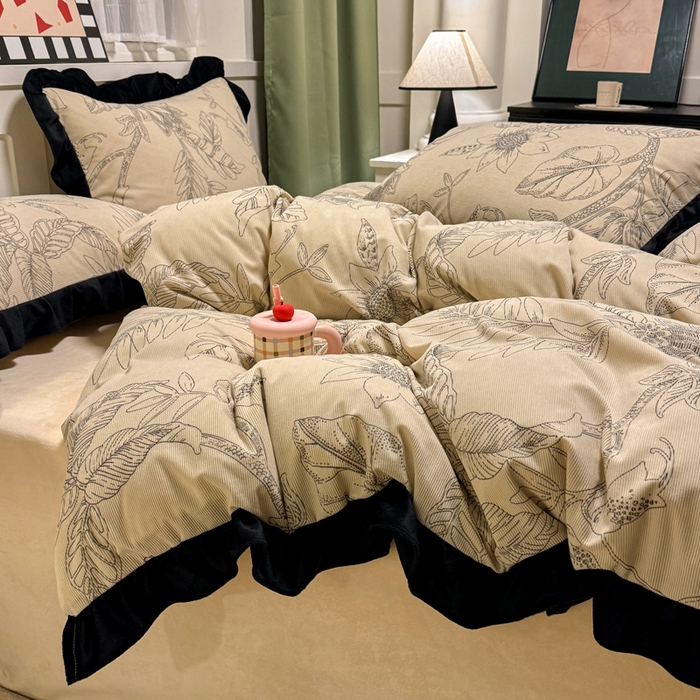 91家纺网 家纺一手货源 找家纺 宅家居 2025新款轻法式小香风灯芯绒四件套提花立体韩版花边牛奶绒三件套-实拍风 语叶