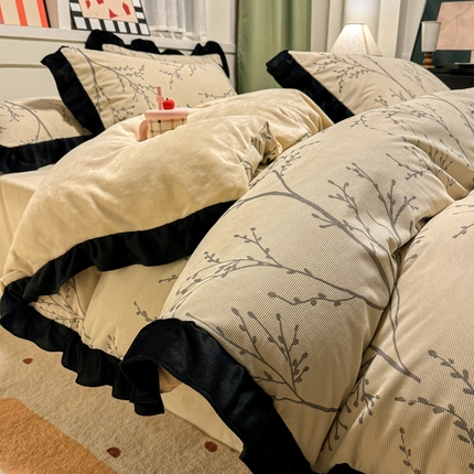 宅家居 2025新款轻法式小香风灯芯绒四件套提花立体韩版花边牛奶绒三件套-实拍风 花枝