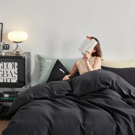 简家居 2024新款华夫格新颜色混搭系列四件套 夜阑黑薄荷绿（枕套夜阑黑+薄荷绿）