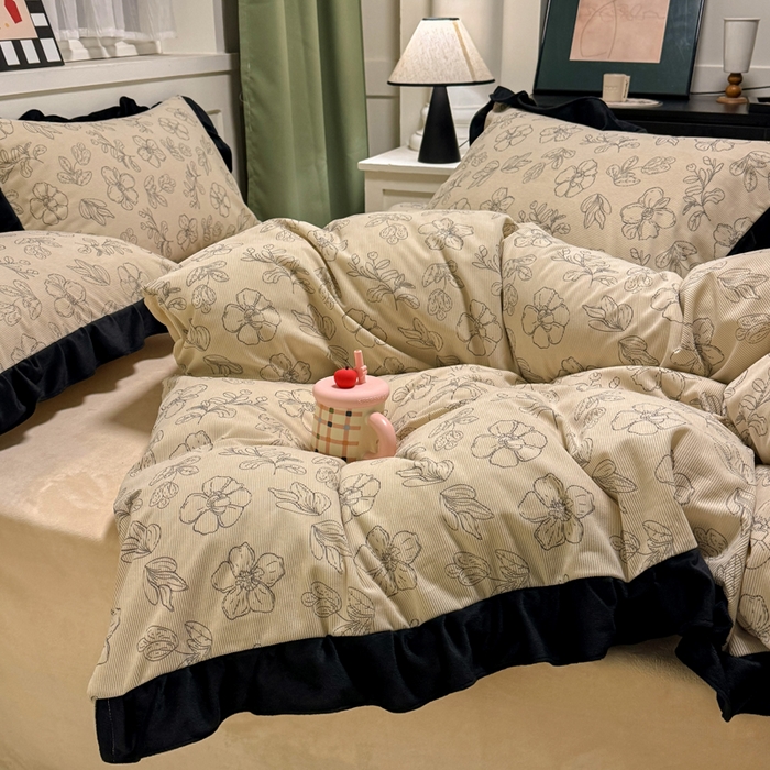 91家纺网 家纺一手货源 找家纺 宅家居 2025新款轻法式小香风灯芯绒四件套提花立体韩版花边牛奶绒三件套-实拍风 百合