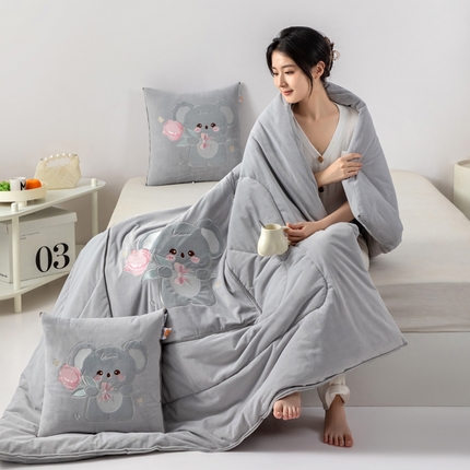 雷人家纺 2024新款A类加厚加重贴布绣婴儿绒抱枕被 呆呆拉-银灰