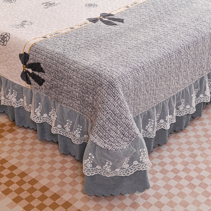 91家纺网 家纺一手货源 找家纺 （买家秀爆款不断货）A类母婴级牛奶绒床盖三件套雪花绒床盖三件套雪花绒床护垫子牛奶绒床褥子卡通床单床裙 花边-蝴蝶结