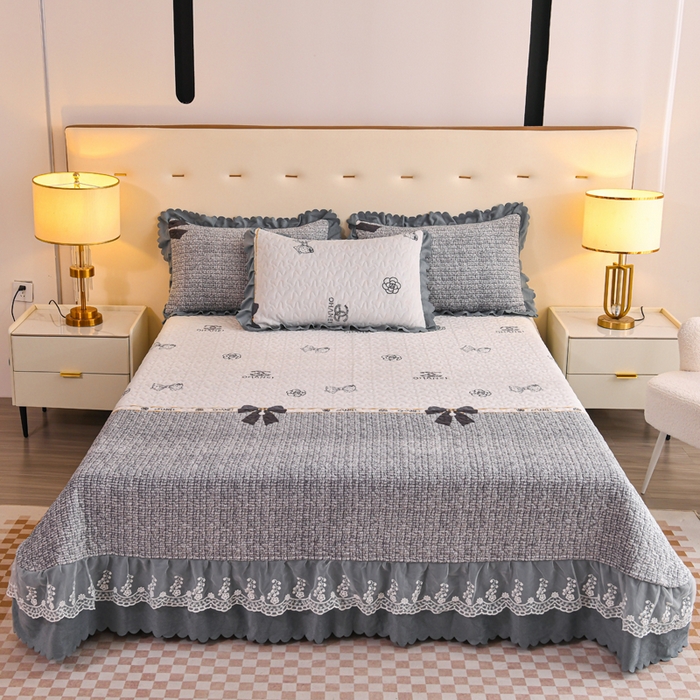 91家纺网 家纺一手货源 找家纺 （买家秀爆款不断货）A类母婴级牛奶绒床盖三件套雪花绒床盖三件套雪花绒床护垫子牛奶绒床褥子卡通床单床裙 花边-蝴蝶结