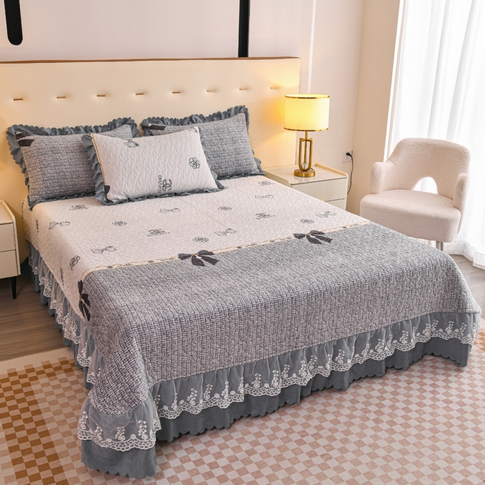 91家纺网 家纺一手货源 找家纺 （买家秀爆款不断货）A类母婴级牛奶绒床盖三件套雪花绒床盖三件套雪花绒床护垫子牛奶绒床褥子卡通床单床裙 花边-蝴蝶结