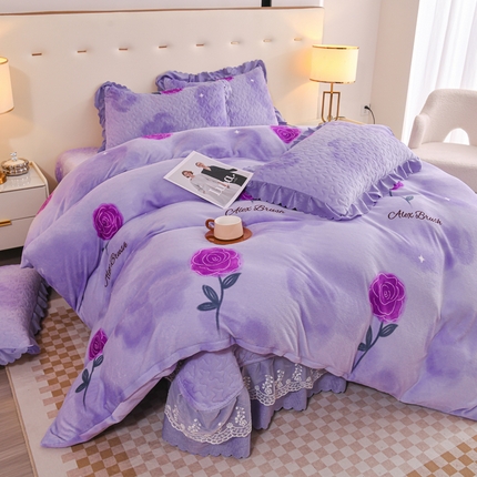 91家纺网 家纺一手货源 找家纺 （总）（买家秀 爆款不断货）A类母婴级双层蕾丝花边床裙床盖三件套牛奶绒床盖三件套萱花绒床护垫牛奶绒床褥卡通