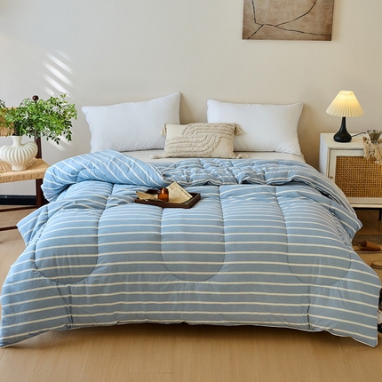  买家秀 不断货）A类母婴级简约格子纯棉无印风全棉色织水洗棉被子春秋被秋冬被被芯空调被全棉水洗棉被子 条纹蓝