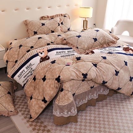 91家纺网 家纺一手货源 找家纺 （买家秀 爆款不断货）A类母婴级双层蕾丝花边床裙床盖三件套牛奶绒床盖三件套萱花绒床护垫牛奶绒床褥卡通 花边-宝贝熊