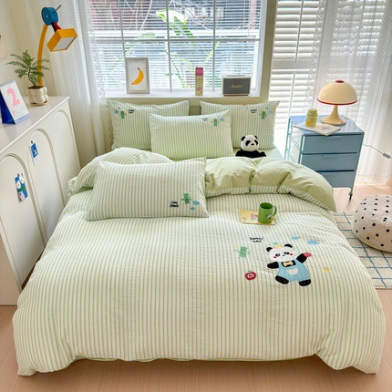 （买家秀 热款花型 不断货）母婴级A类ins风水洗棉四件套水洗棉毛巾绣四件套水洗棉床笠四件套提花绣花 开心熊猫