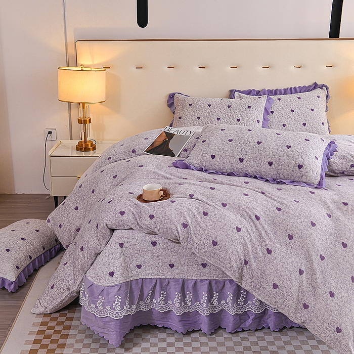91家纺网 家纺一手货源 找家纺 （买家秀 爆款不断货）A类母婴级双层蕾丝花边床裙床盖三件套牛奶绒床盖三件套萱花绒床护垫牛奶绒床褥卡通 花边-爱心紫