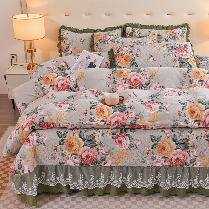 91家纺网 家纺一手货源 找家纺 （买家秀 爆款不断货）A类母婴级双层蕾丝花边床裙床盖三件套牛奶绒床盖三件套萱花绒床护垫牛奶绒床褥卡通 花边-繁花似锦