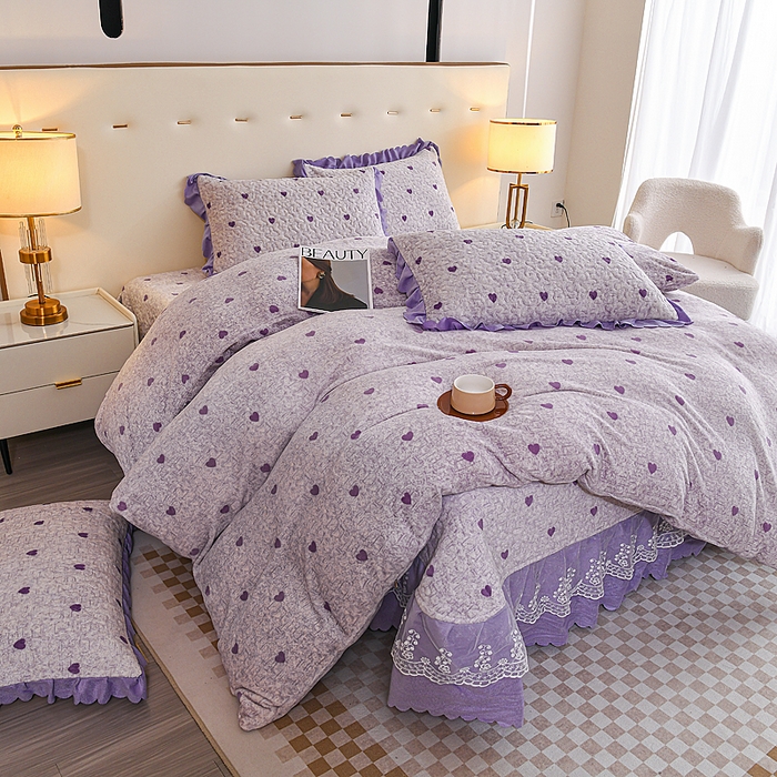 91家纺网 家纺一手货源 找家纺 （买家秀 爆款不断货）A类母婴级双层蕾丝花边床裙床盖三件套牛奶绒床盖三件套萱花绒床护垫牛奶绒床褥卡通 花边-爱心紫