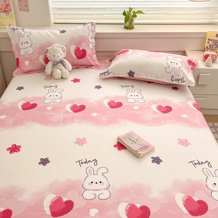 91家纺网 家纺一手货源 找家纺 A类母婴级卡通花卉儿童纯棉全棉床单纯棉全棉床笠全棉纯棉床单全棉纯棉床笠三件套 爱心兔