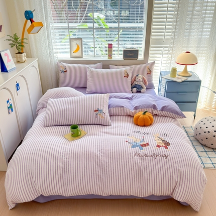 （买家秀 热款花型 不断货）母婴级A类ins风水洗棉四件套水洗棉毛巾绣四件套水洗棉床笠四件套提花绣花 小兔音乐会