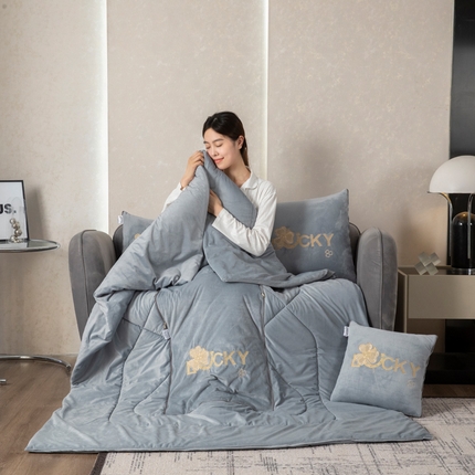 雷人家纺 2023新款倾城花恋水晶绒刺绣多功能抱枕被 倾城花恋-浅灰