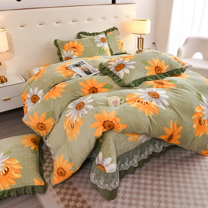 91家纺网 家纺一手货源 找家纺 （总）（买家秀 爆款不断货）A类母婴级双层蕾丝花边床裙床盖三件套牛奶绒床盖三件套萱花绒床护垫牛奶绒床褥卡通