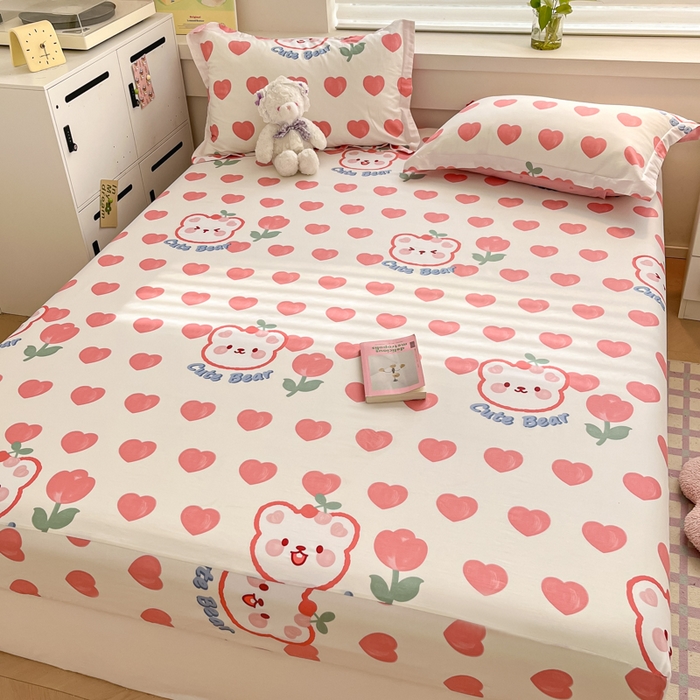 91家纺网 家纺一手货源 找家纺 A类母婴级卡通花卉儿童纯棉全棉床单纯棉全棉床笠全棉纯棉床单全棉纯棉床笠三件套 爱心熊